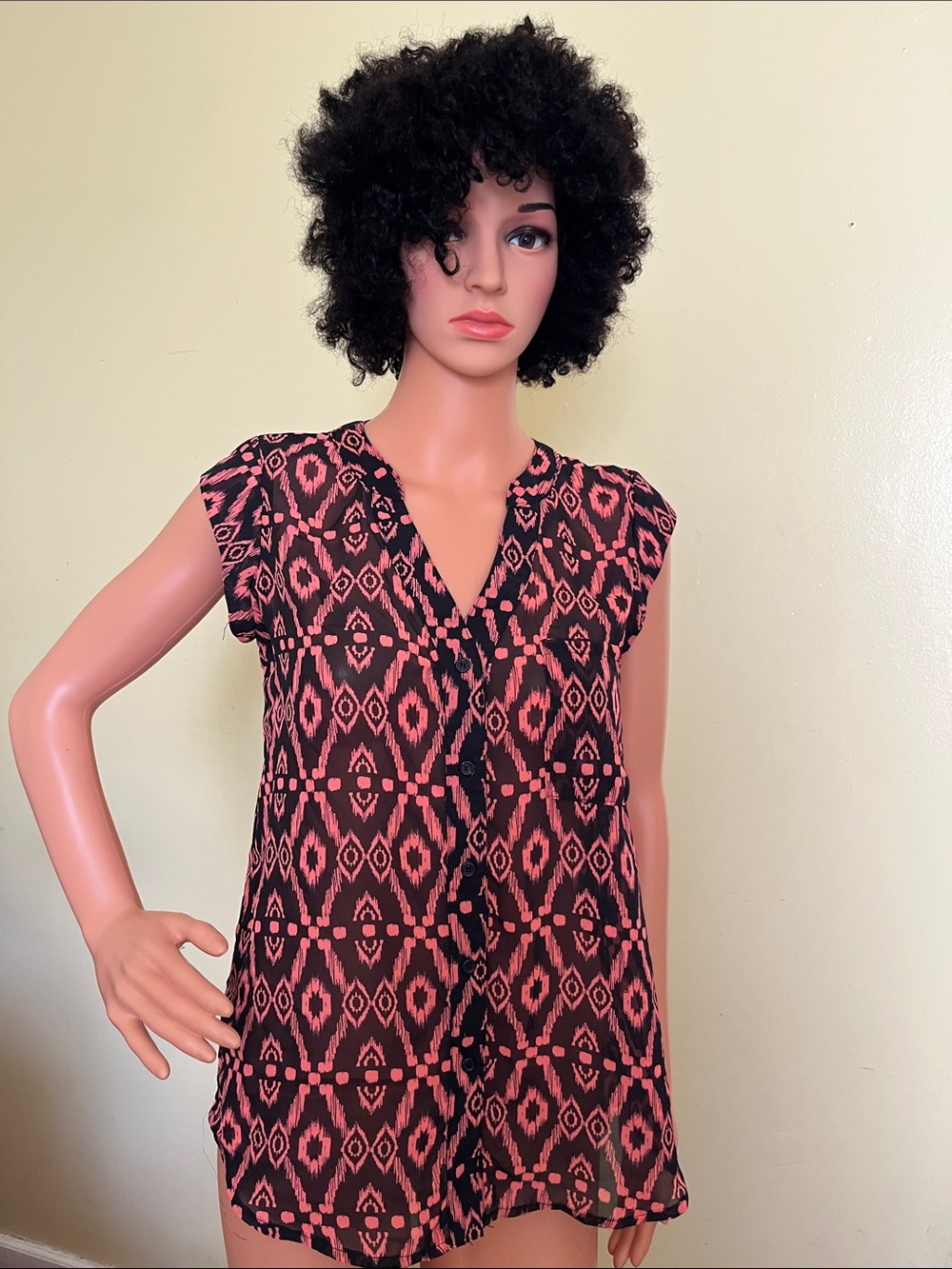 Maurices Black and Coral Ikat V-Neck Cap Sleeve Blouse